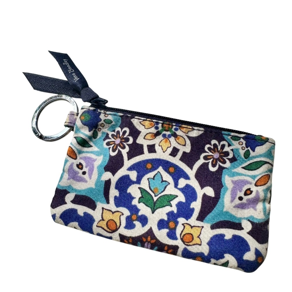 Vera Bradley Blue Purple Floral Medallion Zip ID Wallet 5x3" Key Ring Coin Purse